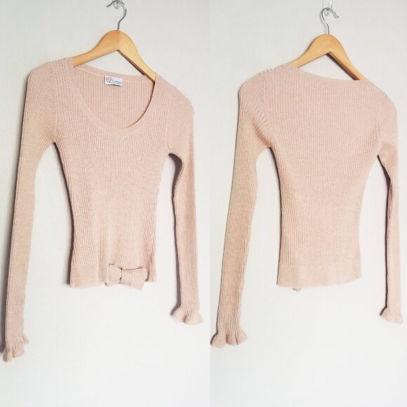 RED Valentino Champagne Rose Gold Lurex Rib Knit Bow Ruffle Fitted Sweater Wool - Picture 12 of 16